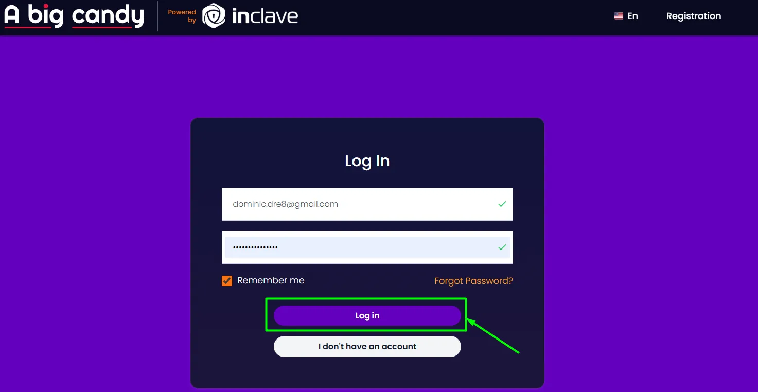 A Big Candy Casino login form